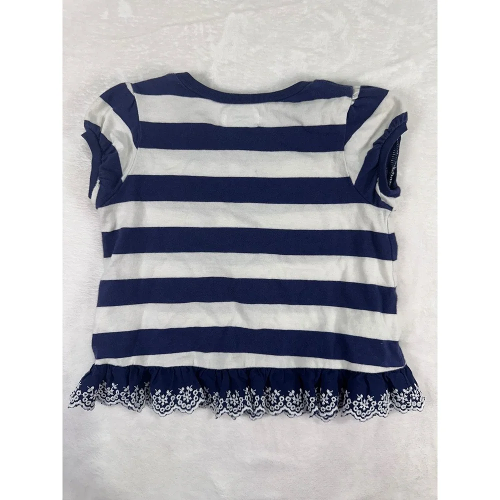Ralph Lauren Striped Ruffle Hem Top 24M Navy White Tennis Logo Toddler Girls
